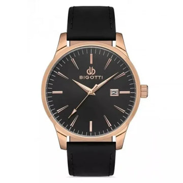 Bigotti Rose Gold Black Dial Calendar Rose Gold Hands Black Leather Strap | BG.1.10257-4